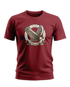 Maroon men's t-shirt with eagle and honour falcon sky graphic, military style print