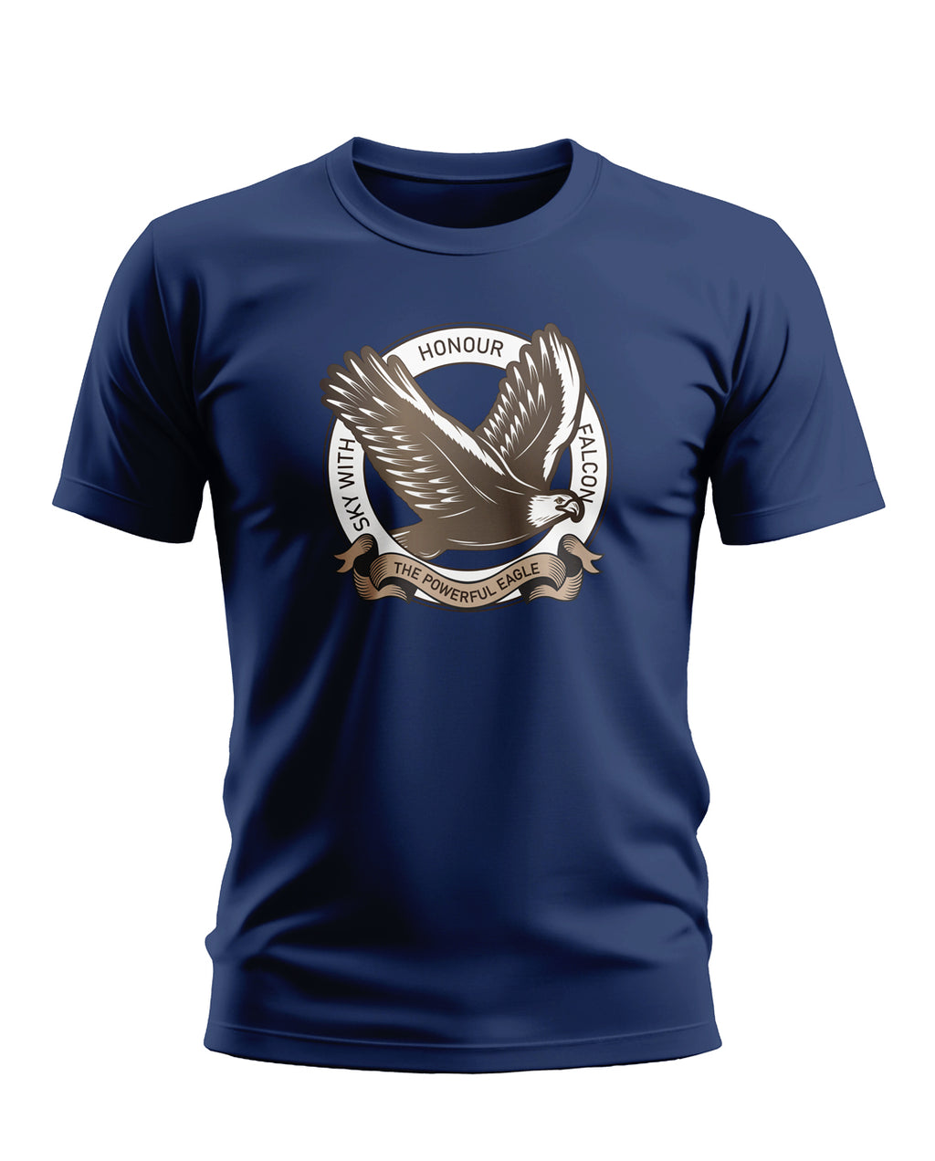 Navy blue men's t-shirt with a flying eagle and 'Honour Falcon Sky With The Powerful Eagle' graphic