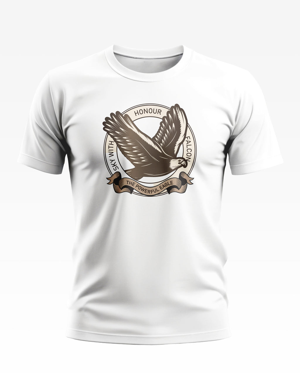 White men's t-shirt with eagle graphic and Honour Falcon text, army-inspired casual wear
