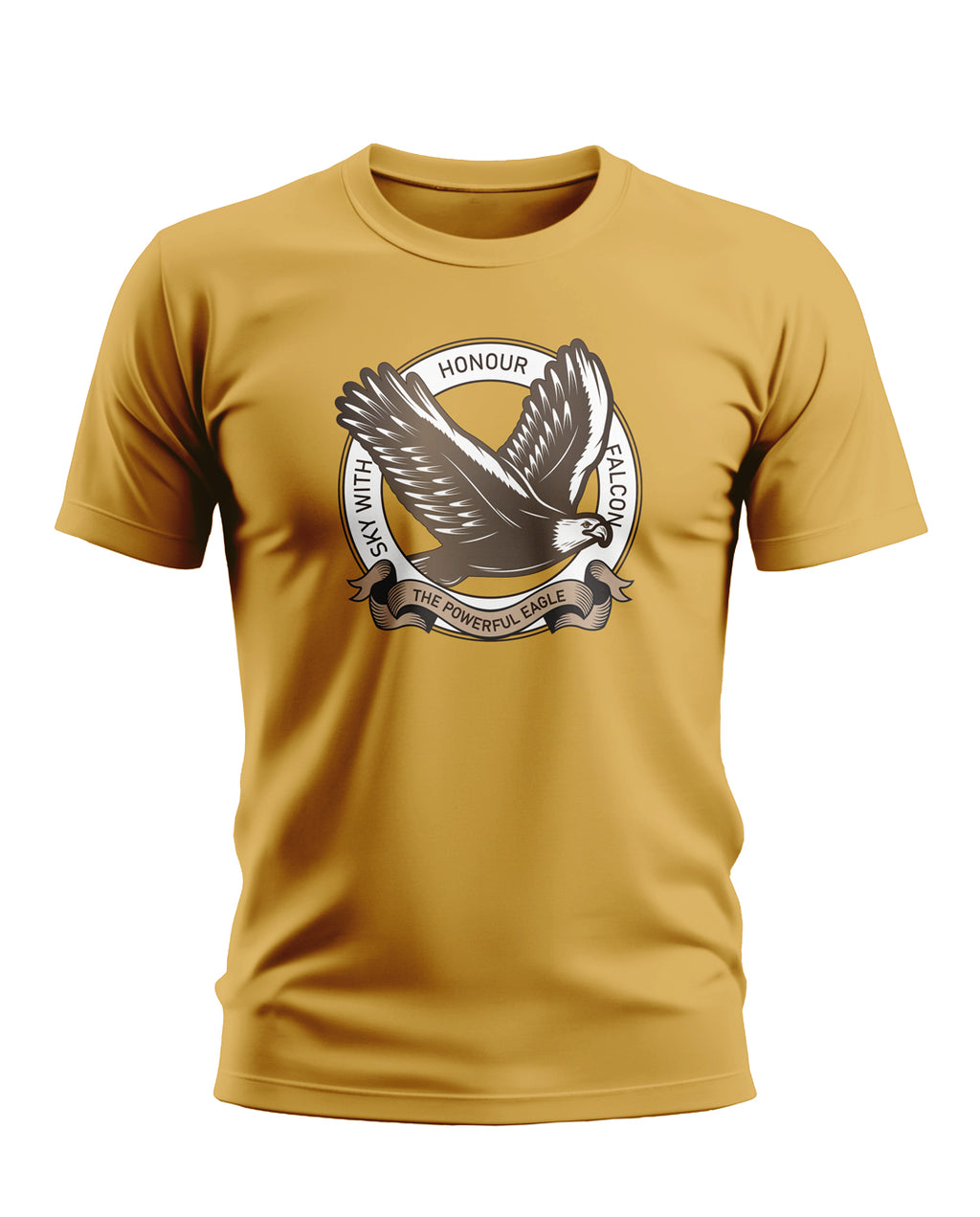 Yellow men's t-shirt featuring a powerful eagle graphic with honour text, short sleeves