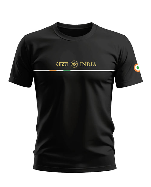 Black men's t-shirt with Bharat India text, tricolor design and sleeve flag graphic