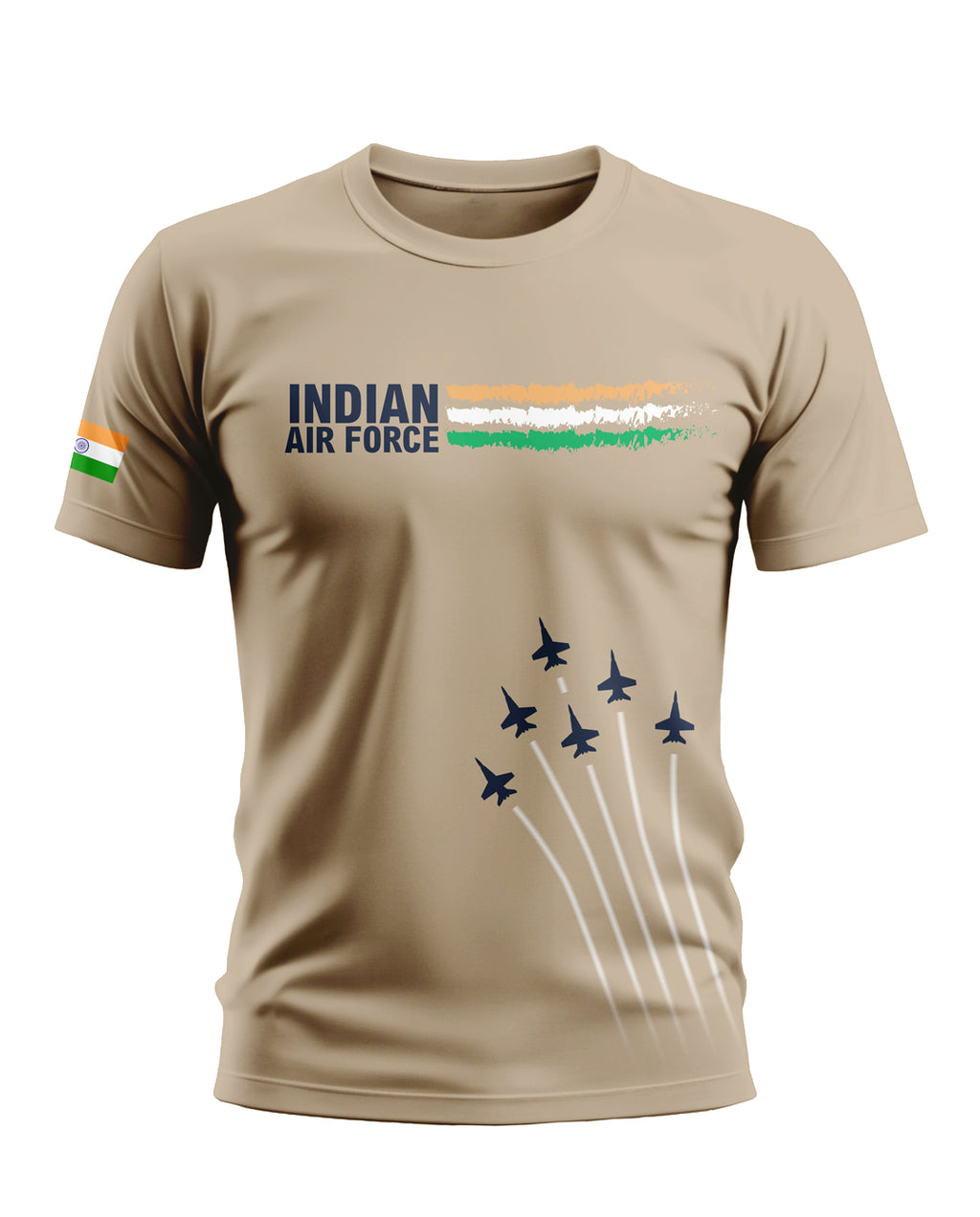 Beige Indian Air Force T-shirt with fighter jet graphics and tricolor accents for men