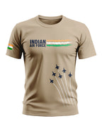 Beige Indian Air Force T-shirt with fighter jet graphics and tricolor accents for men