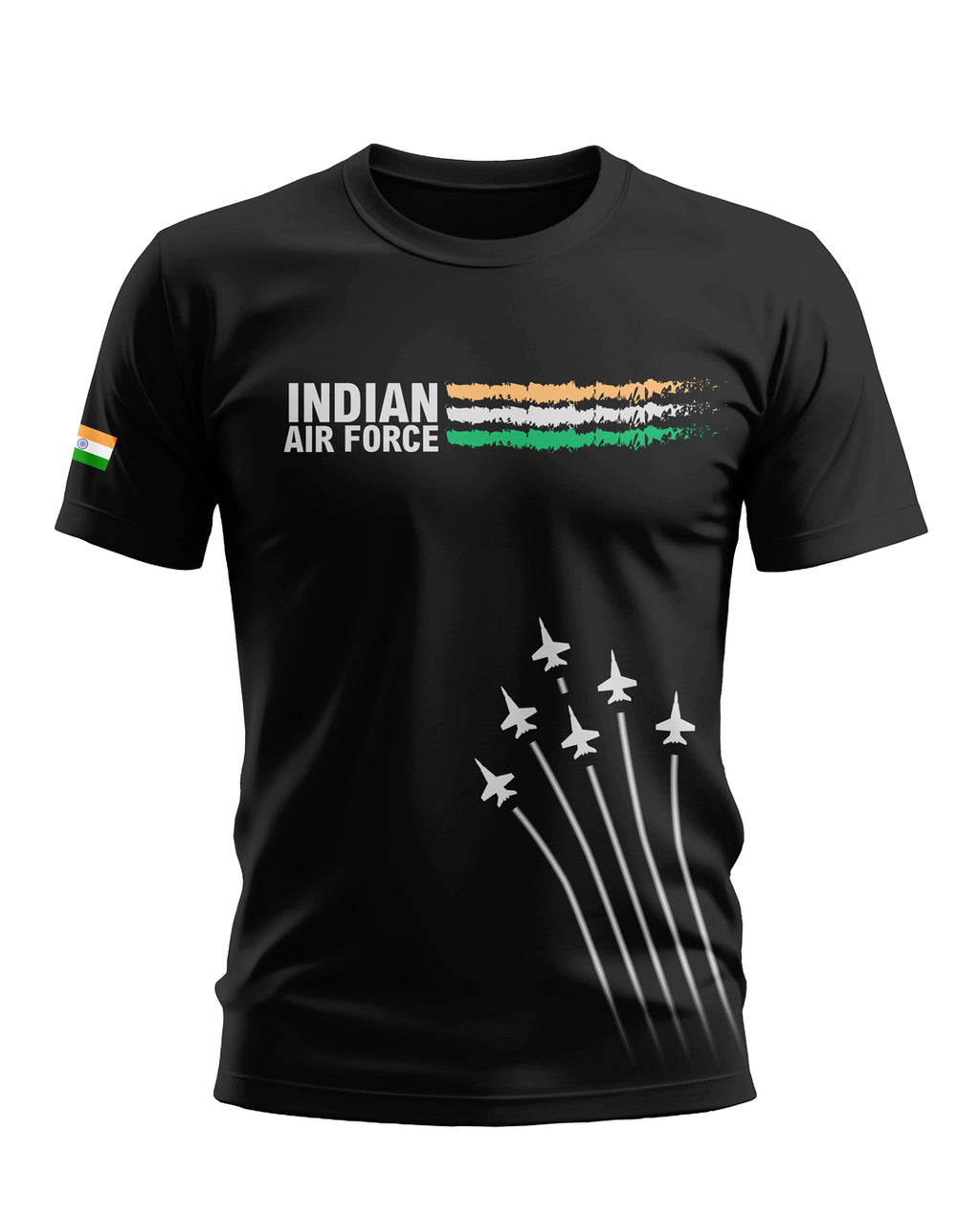 Black men's t-shirt with Indian Air Force text, tricolor stripes, fighter jet graphic, and Indian flag sleeve detail