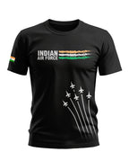 Black men's t-shirt with Indian Air Force text, tricolor stripes, fighter jet graphic, and Indian flag sleeve detail