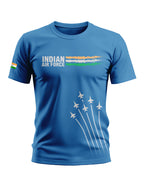 Blue men's t-shirt with Indian Air Force text, tricolor motif, fighter jets graphic, and flag on sleeve