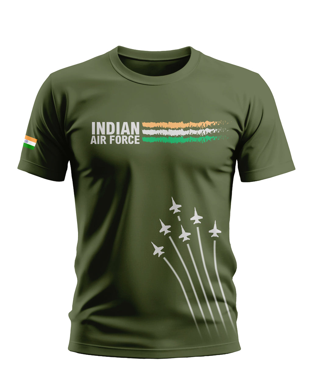 Olive green men's t-shirt with 'Indian Air Force' text, jet graphic, and tricolor flag sleeve detail