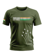 Olive green men's t-shirt with 'Indian Air Force' text, jet graphic, and tricolor flag sleeve detail