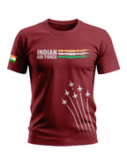 Maroon men's t-shirt featuring 'Indian Air Force' text, tricolor stripes, fighter jets, and an Indian flag on the sleeve.