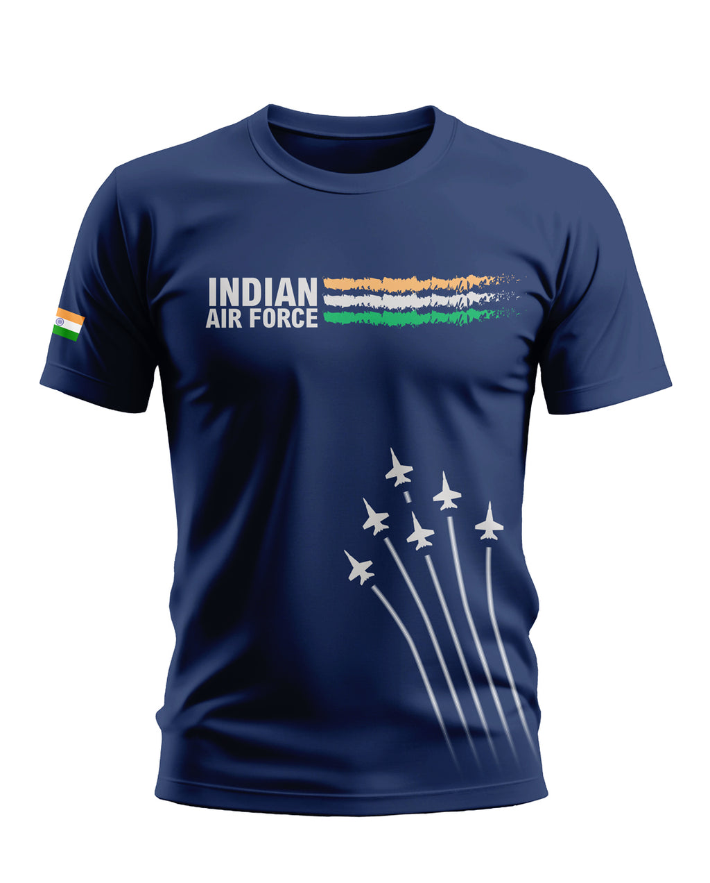 Navy blue men's t-shirt with Indian Air Force text, fighter jets, and tricolor flag print.