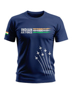 Navy blue men's t-shirt with Indian Air Force text, fighter jets, and tricolor flag print.