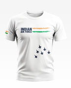 White Indian Air Force t-shirt with fighter jet graphics and tricolor flag sleeve detail