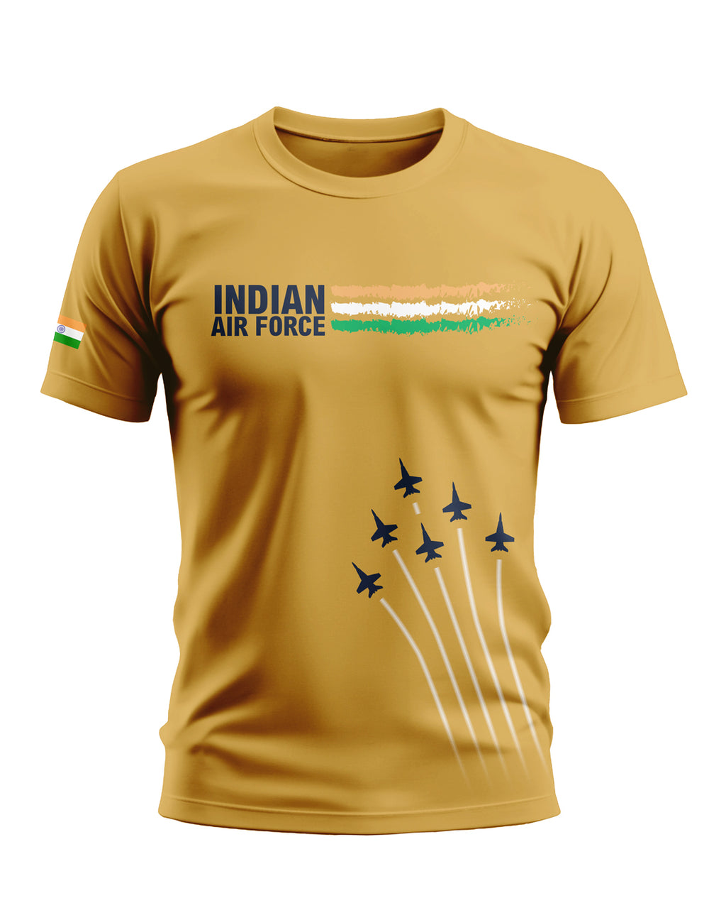 Yellow Indian Air Force t-shirt with fighter jet graphics and India flag sleeve patch.