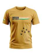 Yellow Indian Air Force t-shirt with fighter jet graphics and India flag sleeve patch.