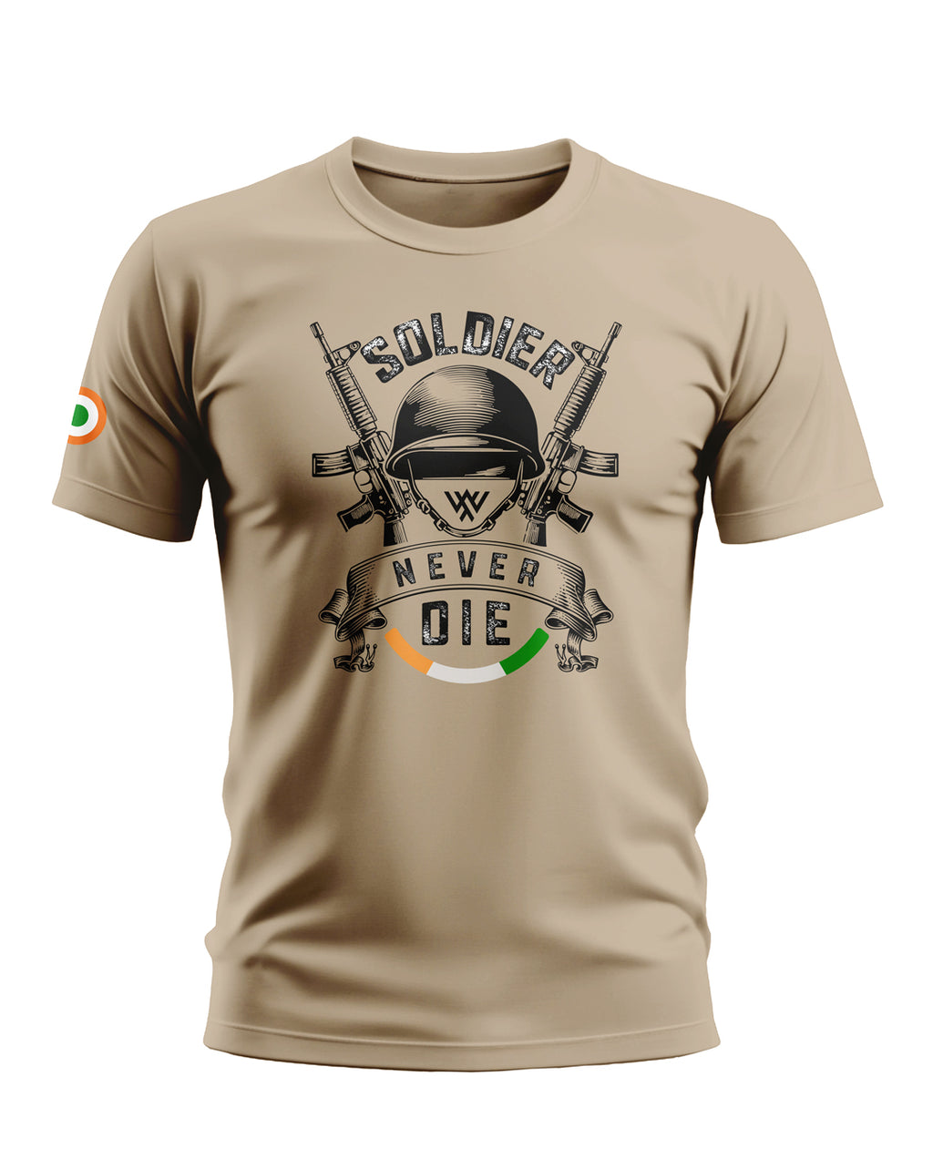 Beige men's t-shirt with 'Soldier Never Die' army helmet and rifles graphic, Indian flag sleeve detail