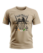 Beige men's t-shirt with 'Soldier Never Die' army helmet and rifles graphic, Indian flag sleeve detail