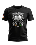 Black men's t-shirt with 'Soldier Never Die' graphic, helmet, rifles, and Indian tricolor accents.