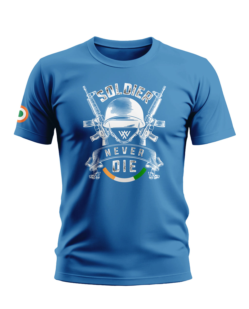 Blue men's t-shirt with 'Soldier Never Die' army helmet and rifles graphic, Indian flag motif.