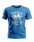 Blue men's t-shirt with 'Soldier Never Die' army helmet and rifles graphic, Indian flag motif.