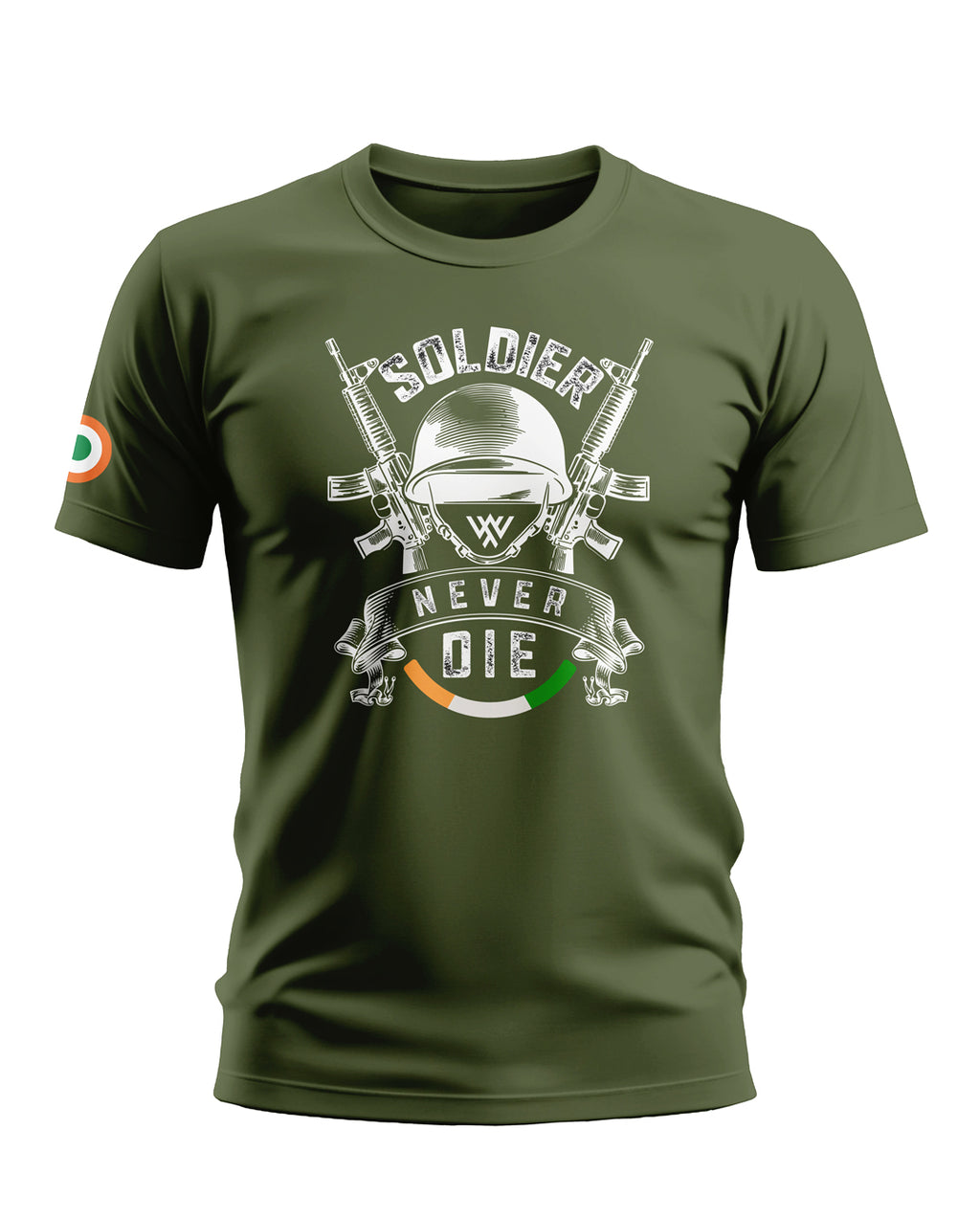 Olive green men's t-shirt with 'Soldier Never Die' and army helmet graphic, Indian flag sleeve accent