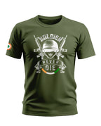Olive green men's t-shirt with 'Soldier Never Die' and army helmet graphic, Indian flag sleeve accent