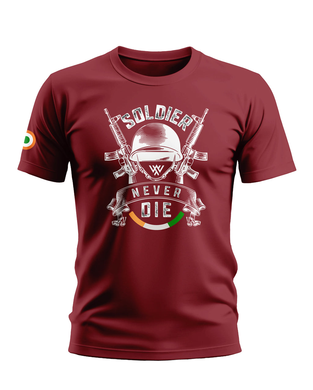 Maroon men's t-shirt with 'Soldier Never Die' print, army helmet, rifles, and tricolor design.