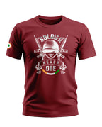 Maroon men's t-shirt with 'Soldier Never Die' print, army helmet, rifles, and tricolor design.
