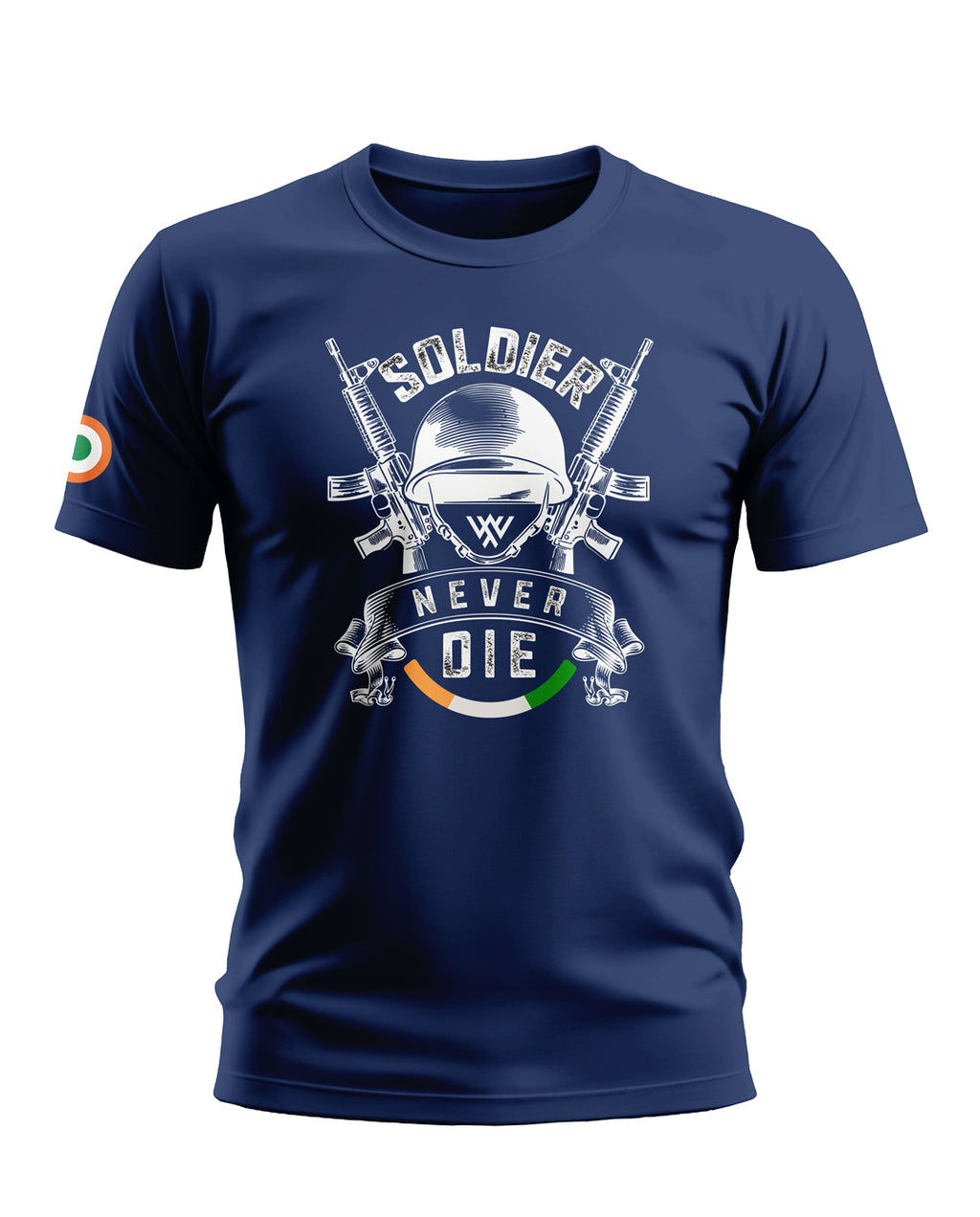 Navy blue men's t-shirt with 'Soldier Never Die' army print and Indian flag sleeve design