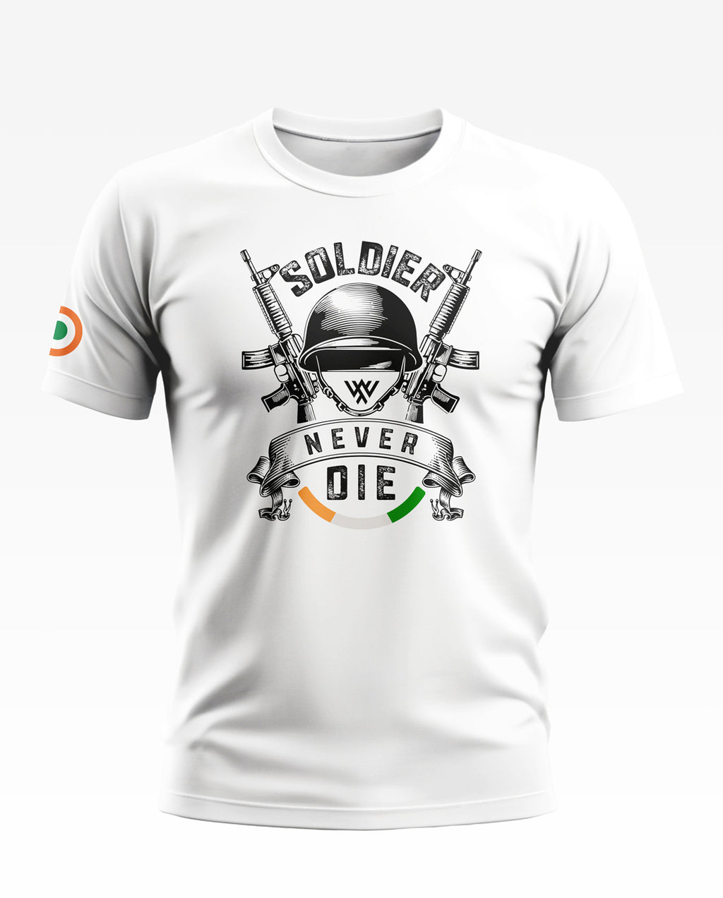 White army-inspired men's T-shirt with 'Soldier Never Die' helmet graphic and Indian flag sleeve