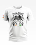 White army-inspired men's T-shirt with 'Soldier Never Die' helmet graphic and Indian flag sleeve