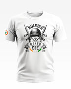 White army-inspired men's T-shirt with 'Soldier Never Die' helmet graphic and Indian flag sleeve