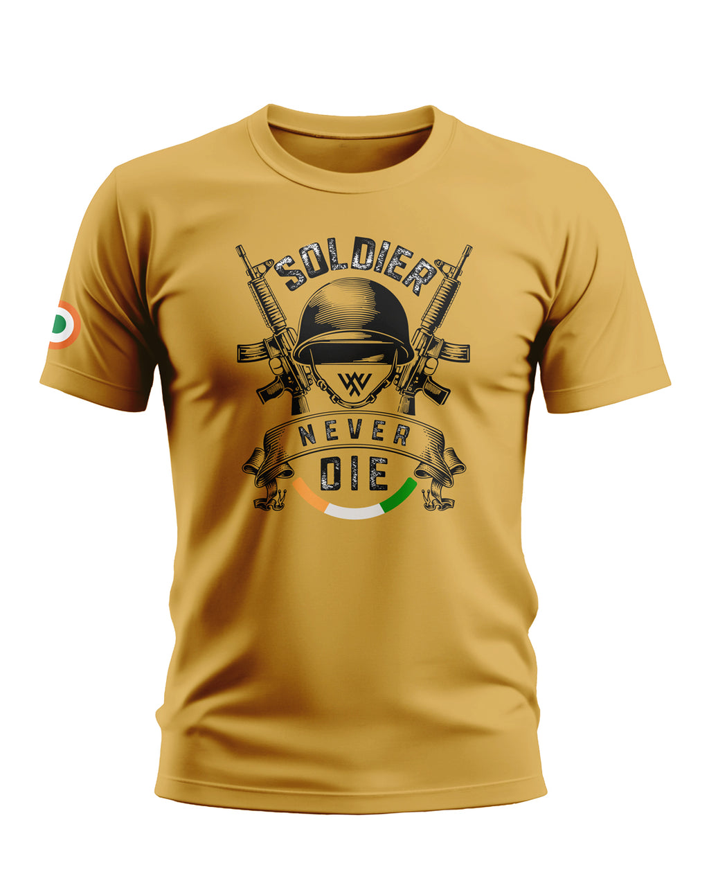 Yellow men's t-shirt with 'Soldier Never Die' slogan, helmet, rifles, and Indian flag graphic