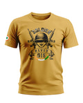 Yellow men's t-shirt with 'Soldier Never Die' slogan, helmet, rifles, and Indian flag graphic