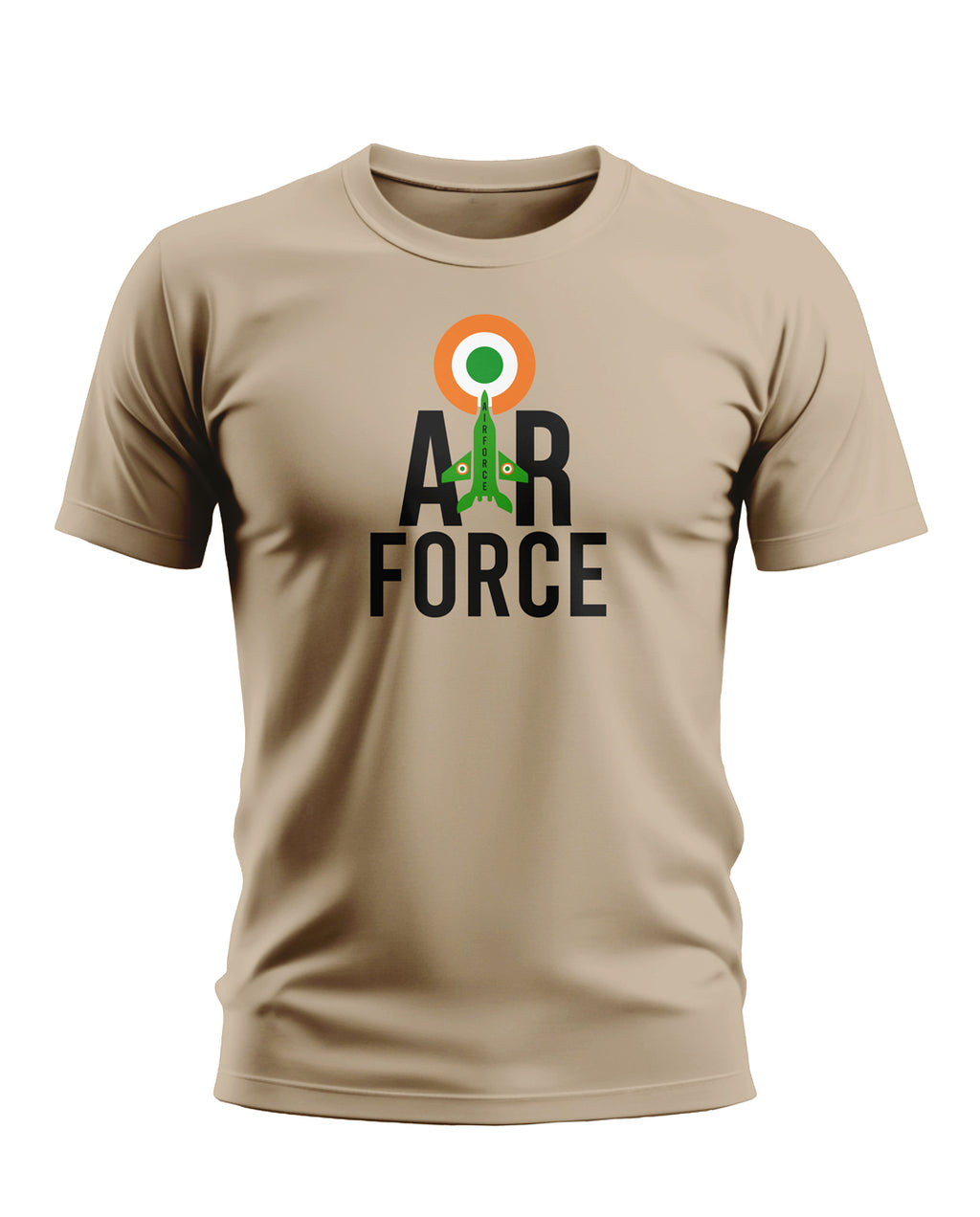 Beige men's t-shirt featuring Indian Air Force jet graphic and roundel military design