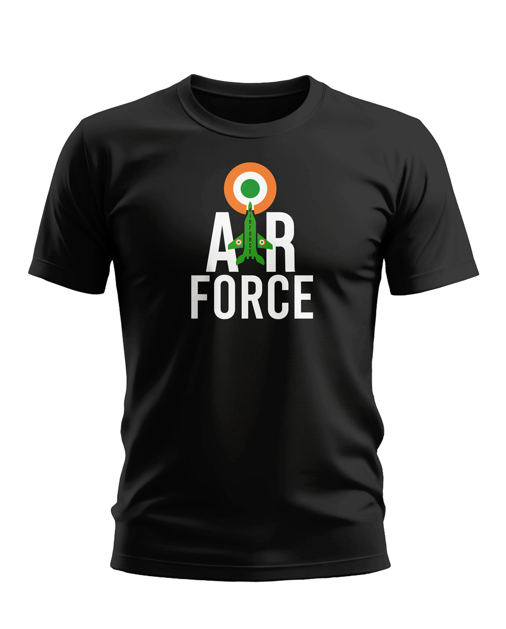 Black men's t-shirt with 'Air Force' text, Indian roundel, and green fighter jet graphic.