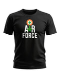 Black men's t-shirt with 'Air Force' text, Indian roundel, and green fighter jet graphic.