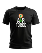 Black men's t-shirt with 'Air Force' text, Indian roundel, and green fighter jet graphic.