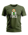 Olive green men's t-shirt with 'Air Force' text, fighter jet graphic, and roundel print.