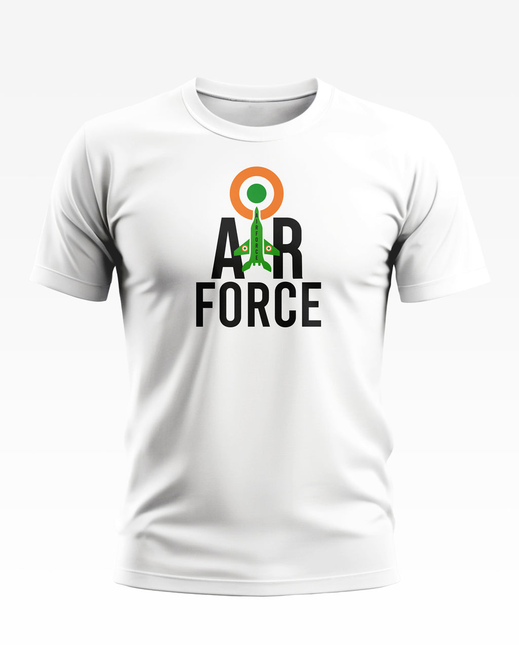 White men's t-shirt with Air Force graphic and fighter jet illustration, Indian flag colors.