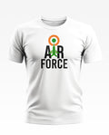 White men's t-shirt with Air Force graphic and fighter jet illustration, Indian flag colors.