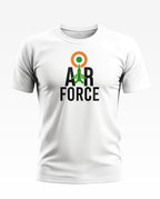 White men's t-shirt with Air Force graphic and fighter jet illustration, Indian flag colors.