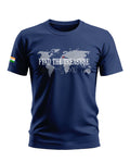 Navy blue men's t-shirt with world map graphic and 'Find the Treasure' text, Indian flag on sleeve