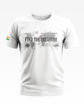 White men's t-shirt with world map and 'Find the Treasure' text, Indian flag on sleeve