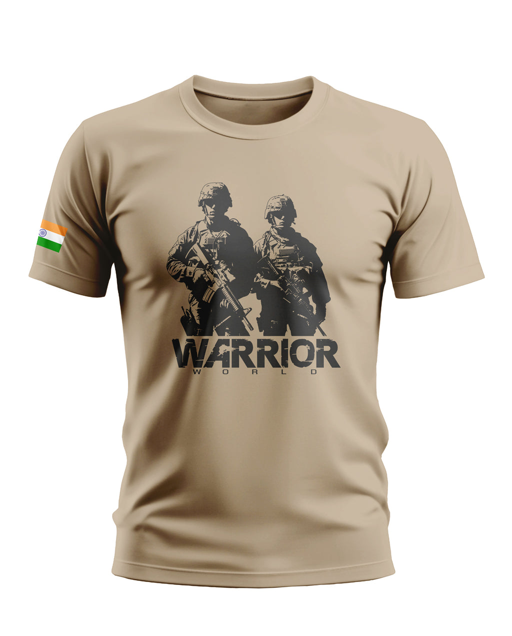 Beige men's t-shirt with army soldiers graphic, Indian flag on sleeve, and WARRIOR text