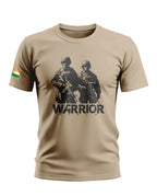 Beige men's t-shirt with army soldiers graphic, Indian flag on sleeve, and WARRIOR text