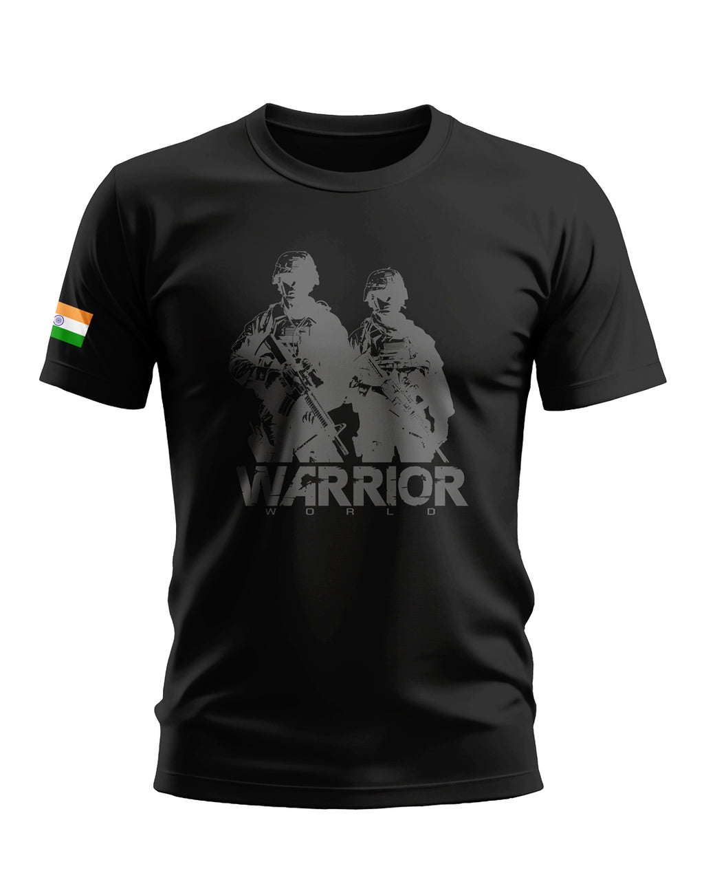 Black men's t-shirt with two army soldiers graphic, Indian flag on sleeve, military fashion