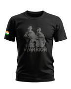 Black men's t-shirt with two army soldiers graphic, Indian flag on sleeve, military fashion