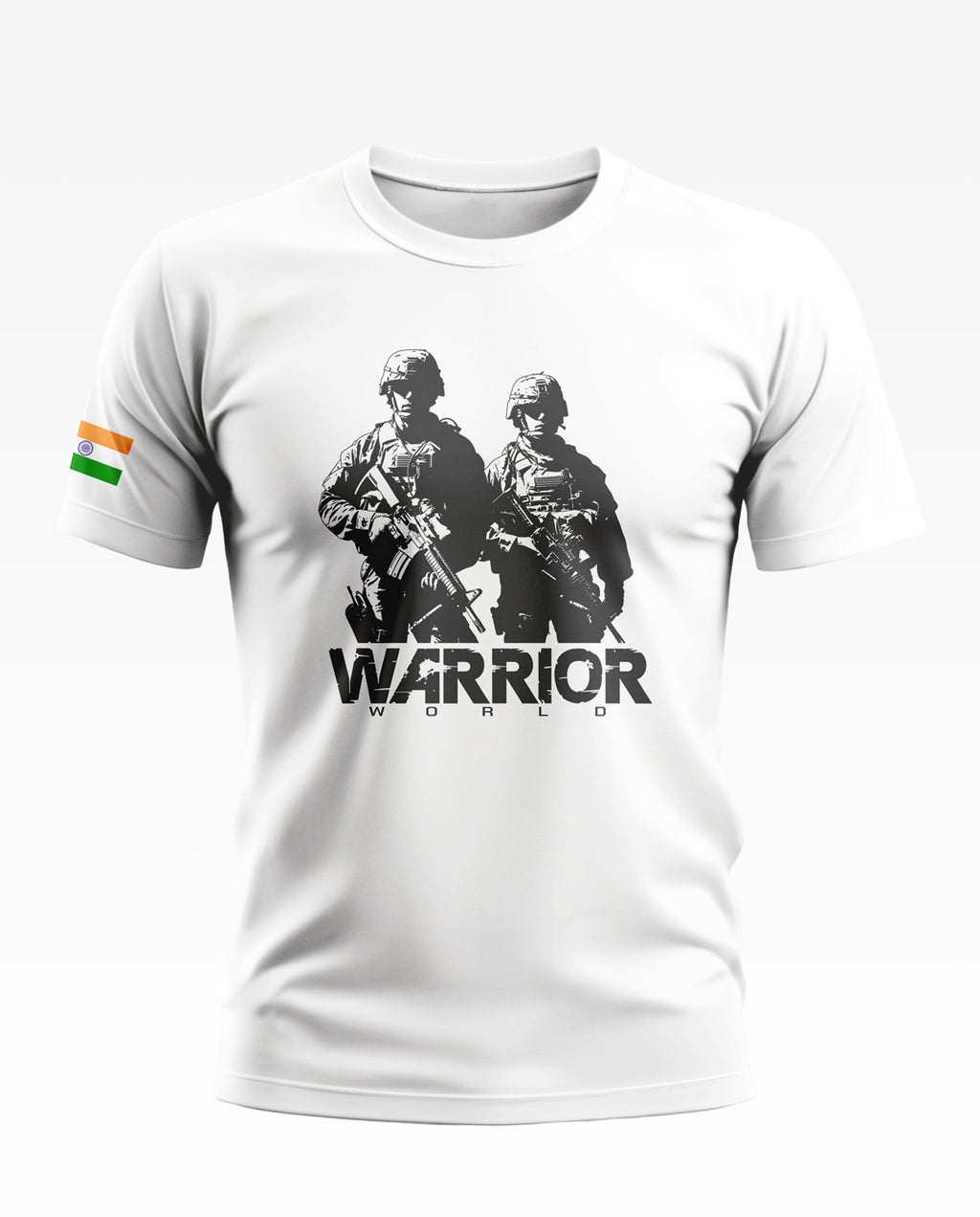 White men's t-shirt with two soldier graphic, 'WARRIOR WORLD' text, and Indian flag on sleeve