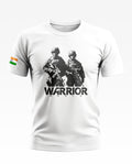 White men's t-shirt with two soldier graphic, 'WARRIOR WORLD' text, and Indian flag on sleeve