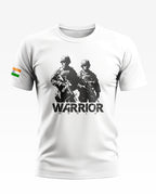 White men's t-shirt with two soldier graphic, 'WARRIOR WORLD' text, and Indian flag on sleeve